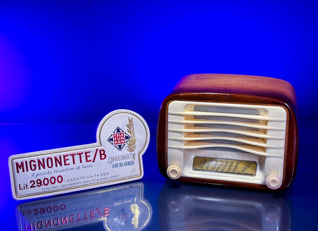TELEFUNKEN MIGNONETTE B BLUETOOTH JUBILEE (1953) WITH ORIGINAL CATALOG AND SIGN